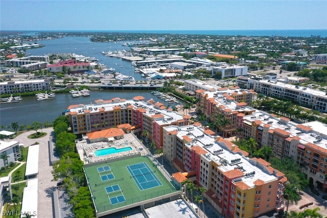 drone / aerial view with a water view