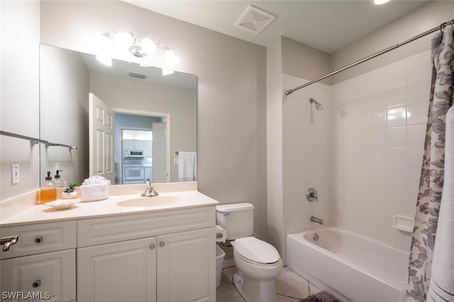 full bathroom with vanity, toilet, and shower / bathtub combination with curtain