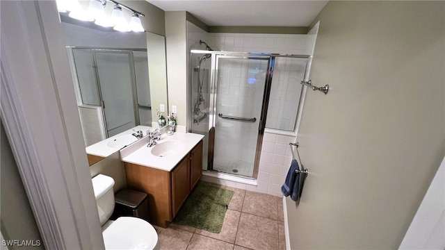 bathroom featuring tile patterned flooring, walk in shower, toilet, and vanity