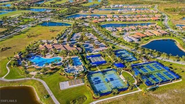 aerial view featuring a water view