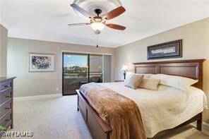 bedroom featuring ceiling fan, access to exterior, and light carpet