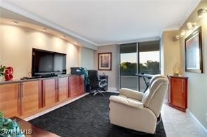 living room with ornamental molding