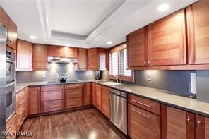 kitchen with a sink, appliances with stainless steel finishes, range hood, a tray ceiling, and dark wood finished floors