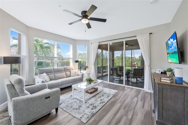 living room featuring hardwood / wood-style flooring and ceiling fan