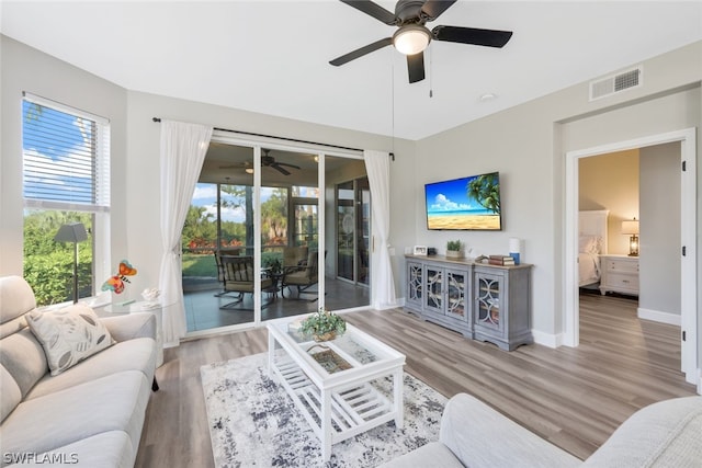 living room with ceiling fan and light wood-type flooring