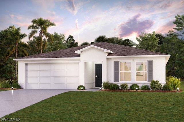 view of front facade featuring a lawn and a garage