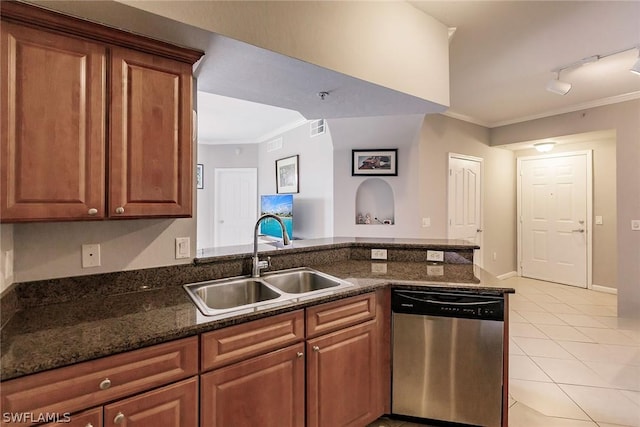 kitchen with crown molding, sink, and stainless steel dishwasher