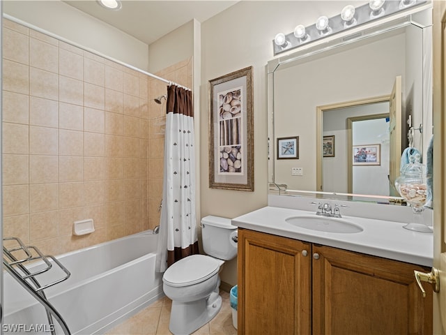 full bathroom featuring tile patterned flooring, vanity, toilet, and shower / bathtub combination with curtain