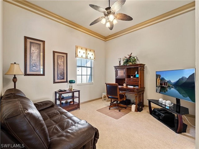 16521 Goldenrod Ln Unit 202, Alva, FL 33920 - carpeted home office featuring a ceiling fan, ornamental molding, and baseboards
