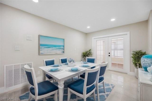 dining area featuring recessed lighting, french doors, baseboards, light tile patterned flooring, and visible vents
