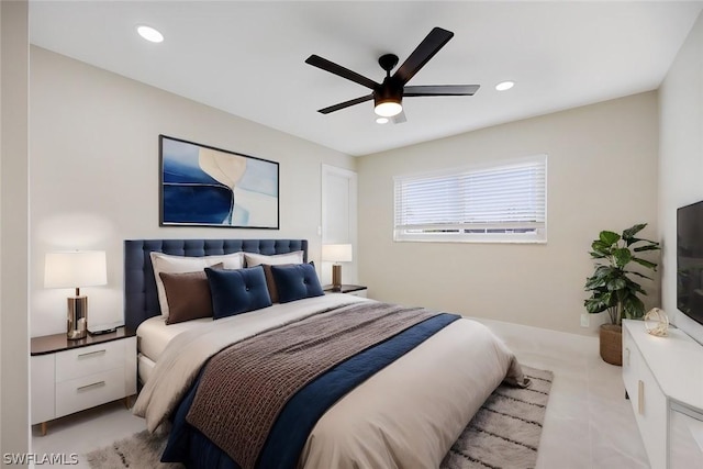 bedroom featuring ceiling fan and recessed lighting
