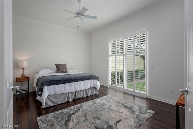 bedroom with access to outside, ceiling fan, crown molding, and dark hardwood / wood-style floors