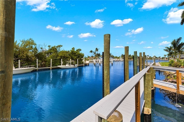 view of swimming pool featuring a boat dock and a water view