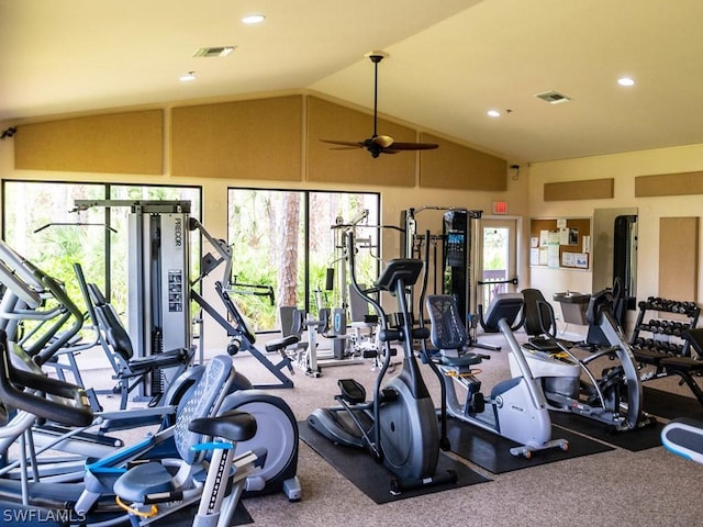 exercise room with carpet, ceiling fan, lofted ceiling, and a wealth of natural light