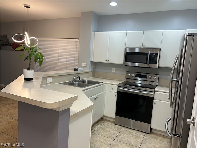 kitchen featuring kitchen peninsula, hanging light fixtures, white cabinetry, appliances with stainless steel finishes, and sink