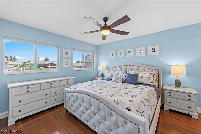 bedroom featuring ceiling fan and dark wood-type flooring