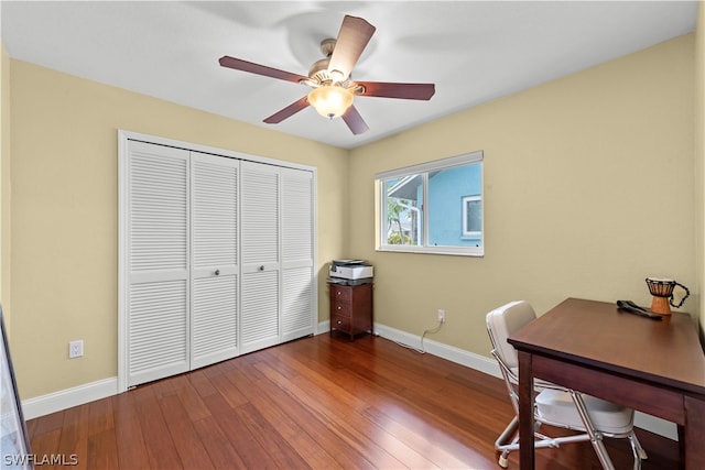 office space featuring ceiling fan and wood-type flooring