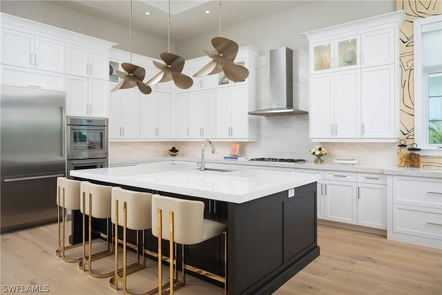 kitchen with white cabinets, sink, wall chimney range hood, and stainless steel appliances