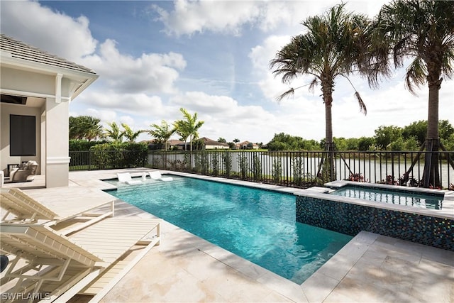 view of pool featuring a water view, an in ground hot tub, and a patio