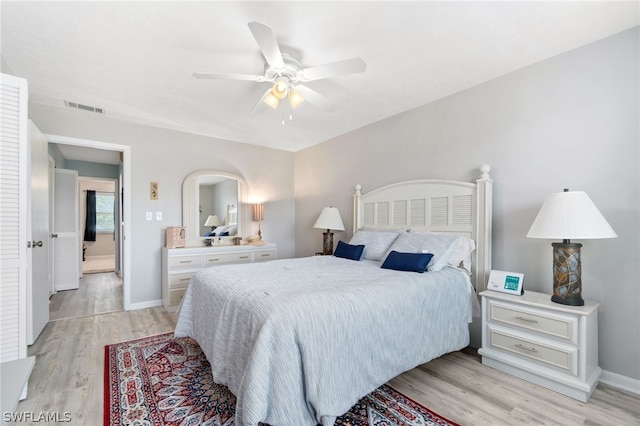 bedroom with ceiling fan and light wood-type flooring