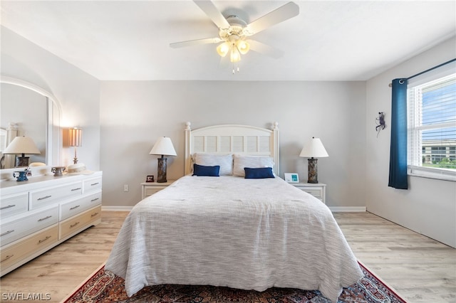 bedroom with ceiling fan and light hardwood / wood-style flooring