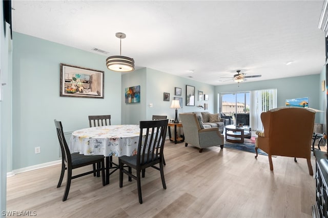 dining room with ceiling fan and light hardwood / wood-style floors