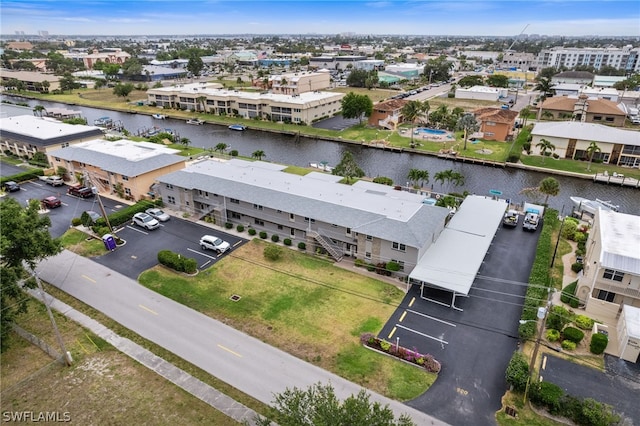 bird's eye view with a water view