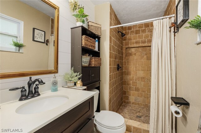 bathroom featuring toilet, vanity, a textured ceiling, and a shower with shower curtain