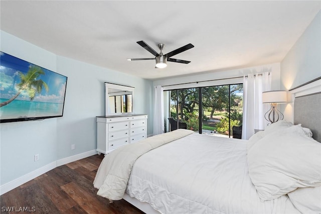 bedroom with dark wood-type flooring, ceiling fan, and access to outside