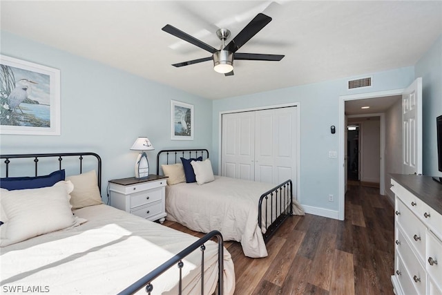 bedroom featuring dark hardwood / wood-style flooring, ceiling fan, and a closet