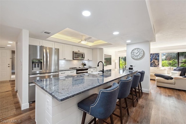 kitchen with appliances with stainless steel finishes, white cabinets, dark stone counters, a raised ceiling, and dark wood-type flooring