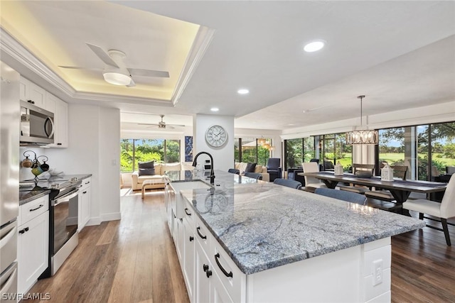 kitchen with a tray ceiling, an island with sink, white cabinets, and appliances with stainless steel finishes