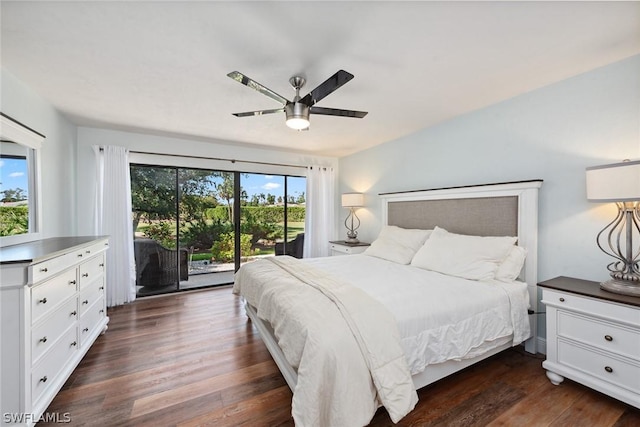 bedroom featuring multiple windows, dark hardwood / wood-style floors, access to outside, and ceiling fan