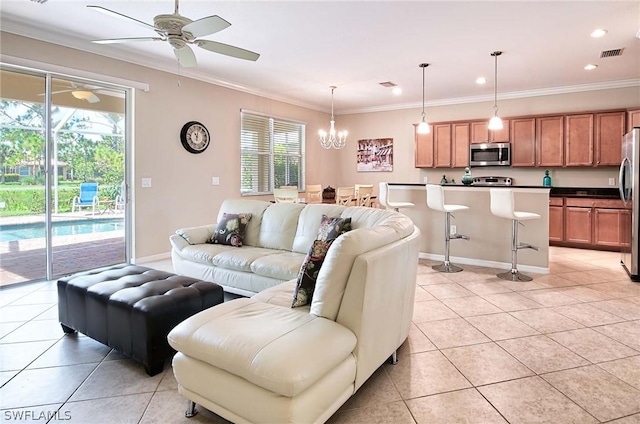 living room featuring crown molding, light tile patterned floors, and ceiling fan with notable chandelier