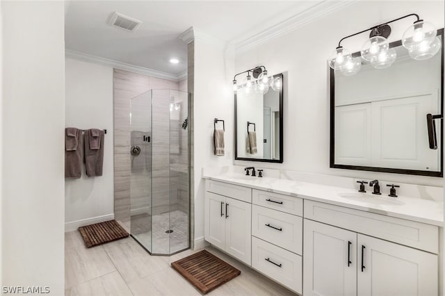 bathroom featuring walk in shower, vanity, and ornamental molding