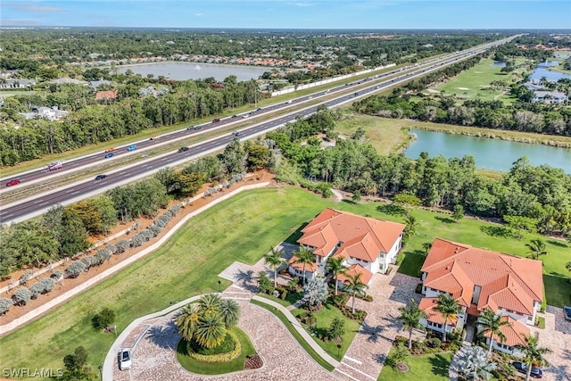 aerial view featuring a water view