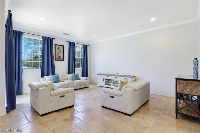 living room with ornamental molding