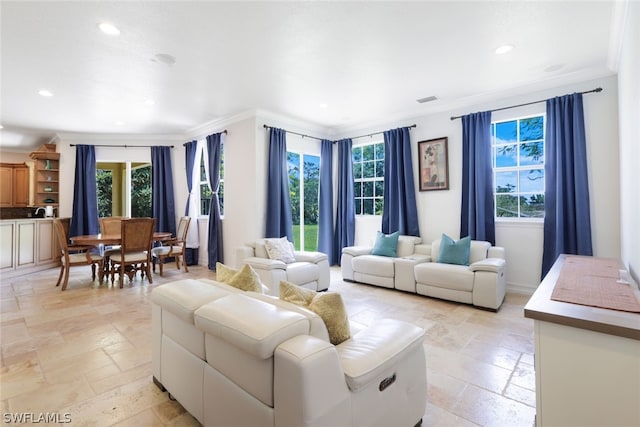 living room featuring ornamental molding