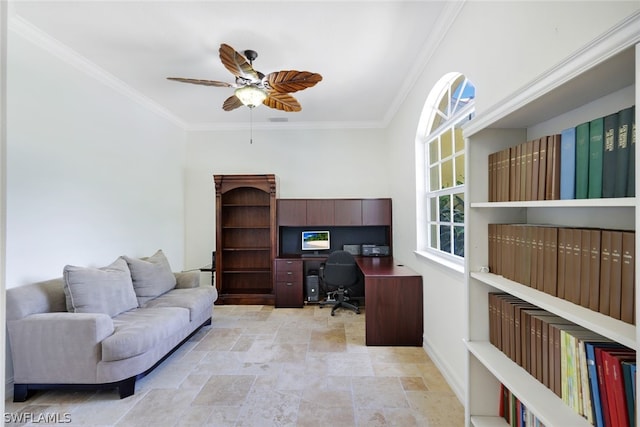 office space featuring ceiling fan and crown molding