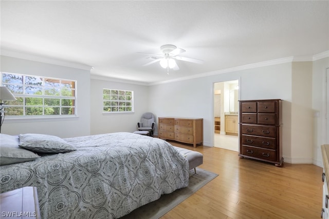 bedroom with ceiling fan, crown molding, ensuite bathroom, and light hardwood / wood-style floors