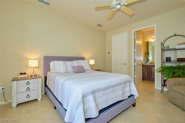 bedroom featuring ceiling fan and ensuite bath