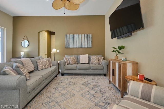 living room featuring ceiling fan