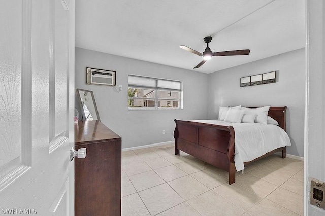 tiled bedroom featuring an AC wall unit and ceiling fan