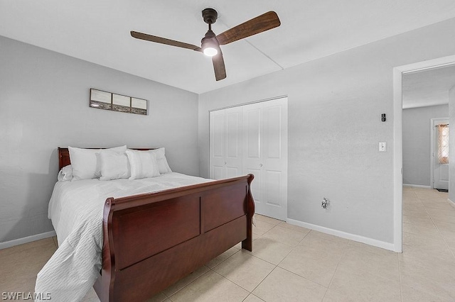 bedroom with ceiling fan and a closet