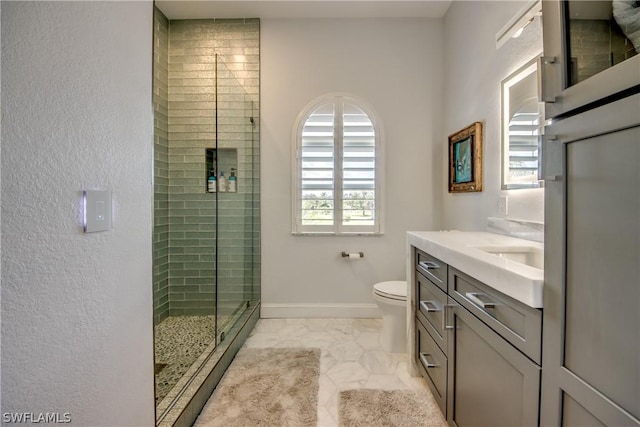 bathroom with an enclosed shower, vanity, and toilet