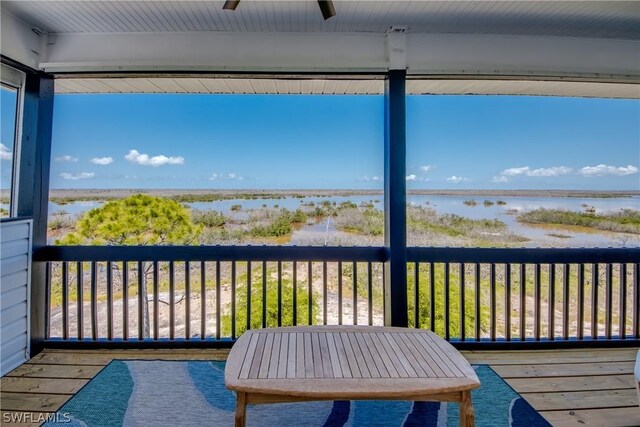 wooden terrace featuring a water view