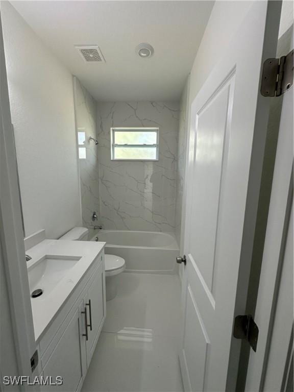 bathroom featuring toilet, shower / bath combination, visible vents, and vanity