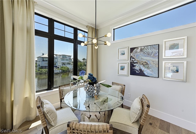 dining area with plenty of natural light, ornamental molding, a water view, and wood-type flooring