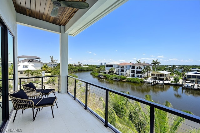 balcony featuring ceiling fan and a water view