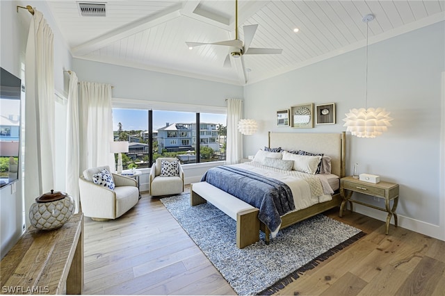 bedroom with wooden ceiling, ceiling fan, beamed ceiling, and hardwood / wood-style flooring